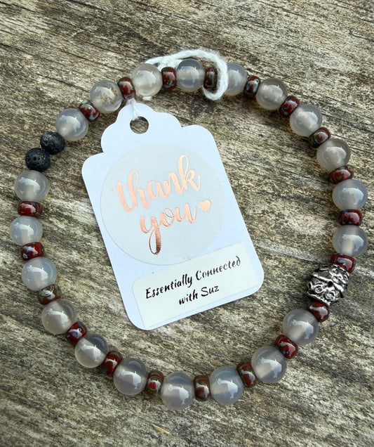 Grey Agate & Deep Red Miyuki Seed Beads Stretch Bracelet