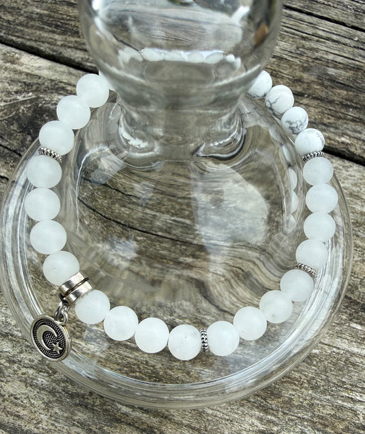 Frosted White Jade & Howlite with a Silver Charm Stretch Bracelet