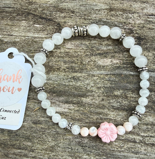 White Jade with Pink & Silver Accents Stretch Bracelet