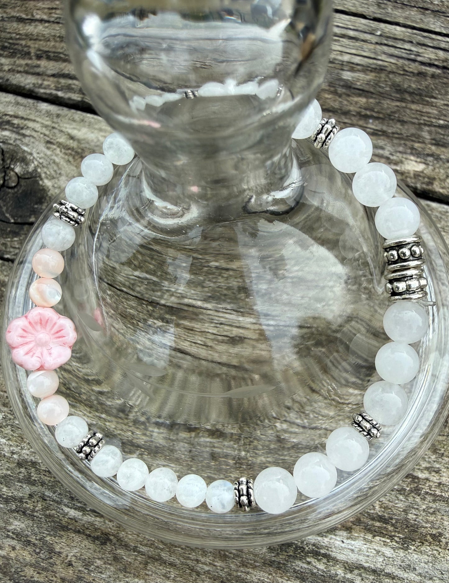 White Jade with Pink & Silver Accents Stretch Bracelet