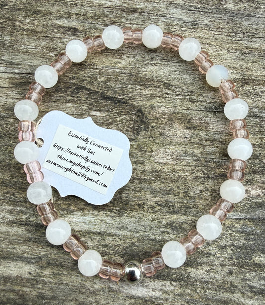 White Jade & Pink Miyuki Seed Beads Stretch Bracelet