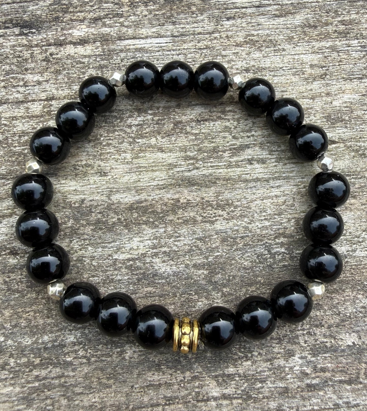 Black Onyx Beads with Gold Accents Stretch Bracelet
