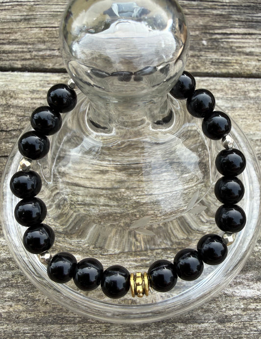 Black Onyx Beads with Gold Accents Stretch Bracelet