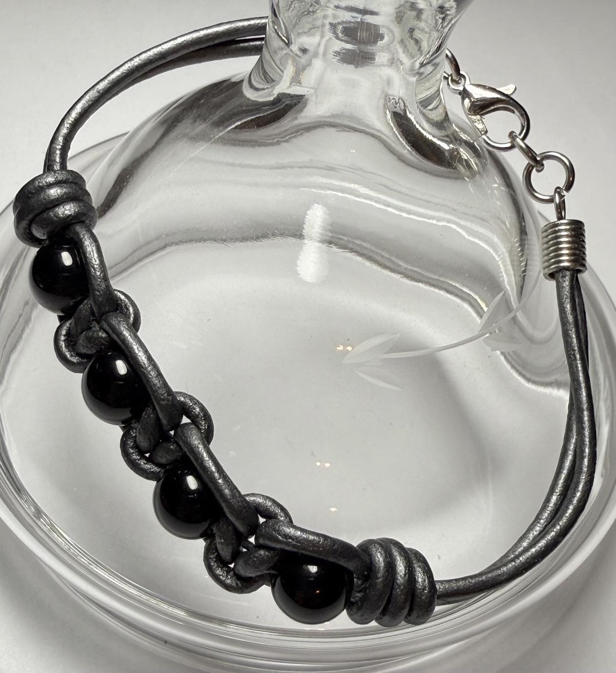 Leather Bracelet with Black Onyx Gemstone Beads